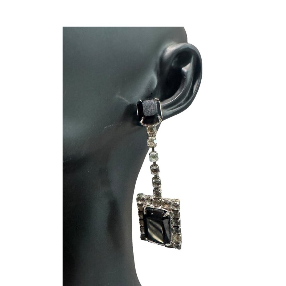 Vintage Art Deco-Style Black & Clear Rhinestone Dangle Earrings - Picture 5 of 6